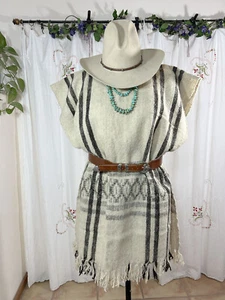 Vtg Undyed Wool Ruana Poncho Serape Southwestern Natural Colors Fringe M to XL - Picture 1 of 7