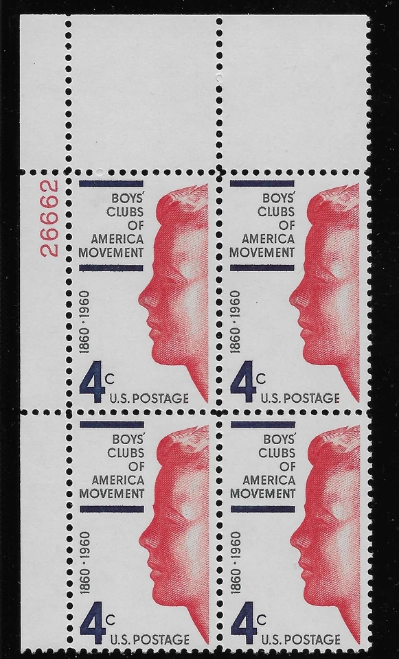 US Scott #1163, Plate Block #26662 1960 Boys' Clubs 4c FVF MNH Upper Left - Image 1 of 1