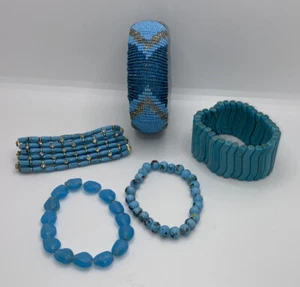 Estate Costume Jewelry Mixed Lot Bracelets Turquoise Color Stretch Bangle Set - Picture 1 of 11