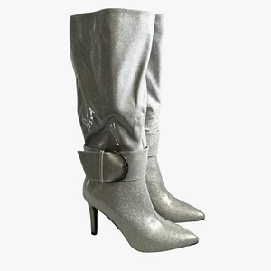 Knee High Boots Women Size 7.5 Silver Heels Patent Leather Pointed Toe Modatope - Picture 1 of 16