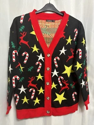 @239 Boohoo Sz M 12/14 Black Red Festive Knit Xmas Cardigan CandyCanes Stars  - Image 1 of 4