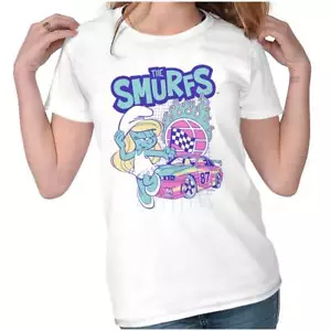 The Smurfs Smurfette Flaming Racecar Cartoon Womens Top Junior Graphic Tee - Picture 1 of 7