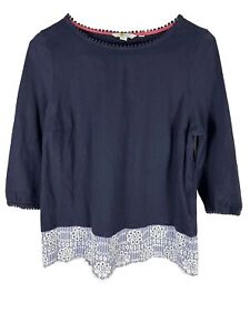 Boden Womens Top Navy Blue Jersey Broderie Overlay Pullover 3/4 Sleeve Size  10