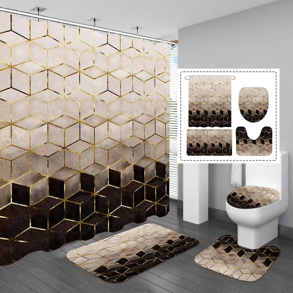 Shower Curtain Set Medium Brown Gradient Gold Cubic Lines 4 Pcs