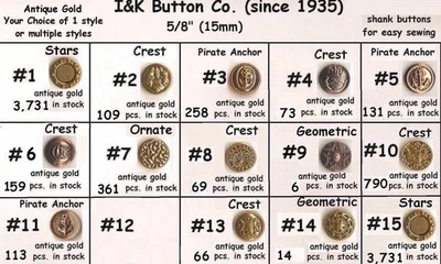 8 to 1000 pcs. Antique Gold Metal 5/8" (15mm) Blazer Buttons - for Vests -CHOICE - Image 1 of 4