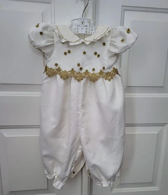 Baby Girl Christening Baptism Romper Outfit Ivory Gold Lace Ruffles 6-9 Months  - Image 1 of 4