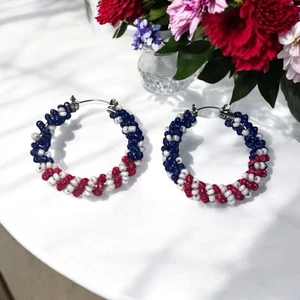 American Flag Star Hoop Earrings Patriotic 4th of July Red White Blue USA - Picture 1 of 5
