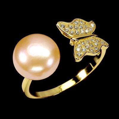 925 Sterling Silver Ring Round Pearl 9mm Butterfly Natural Gemstone Jewelry Sz 8 - Image 1 of 4