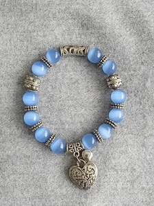 Blue Glass Beads Bracelet With Silver Tone Heart And Mini Bell Charms. - Picture 1 of 10
