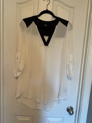 IZ BYER Womens Sheer Chiffon White Blouse W/ Black Trim  3/4 Sleeve Sz M - Image 1 of 3