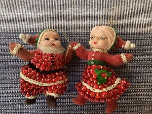 Vintage Beaded Mr and Mrs. Santa Christmas Ornaments - Picture 1 of 5