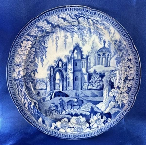 Old No Mark Blue Transferware 9-5/8” Plate ~ Gothic Ruins Men walking Pack Mules - Picture 1 of 14
