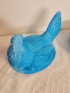 HSINCHU  Blue Opaque  Glass 8" Hen on Nest - REPLACEMENT TOP- NEST IS CHIPPED - Picture 1 of 12