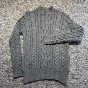 Woolovers Jumper Mens L Grey Pure Wool Chunky Cable Knit Aran 1/4 Zip Sweater - Picture 1 of 8
