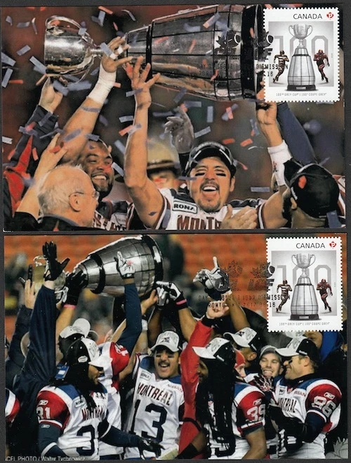 CANADA Sc #2568 - 100th Ann GREY CUP STAMP with ANTHONY CALVILLO on 2 MAXICARDS - Imagem 1 de 1