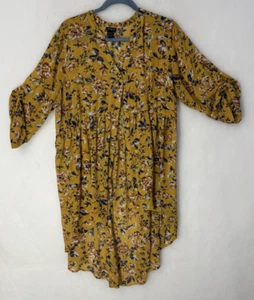 Torrid Yellow Floral Size 1 Women's Shirt Button High Low Tunic Tab Sleeve Sheer - Picture 1 of 5