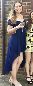 QUIZ~ Gorgeous Navy BLUE LACE Sparkly Occasion Party Prom Off Shoulders Dress S - Picture 1 of 2