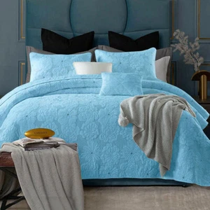 Cotton Rich Lightly Quilted Coverlet Set Floriade Aqua - Picture 1 of 4