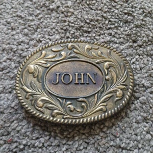 Vintage 1977 "JOHN" Western Style Ornate Oval Brass Belt Buckle The Kinney Nice! - Picture 1 of 4