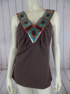 Bisou Bisou Knit Top XL Brown Cotton Spandex Stretch Pullover Half Bra Sequins - Picture 1 of 12