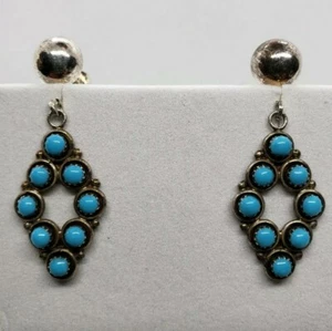 Vintage Sterling~Zuni~Turquoise~Petit Point Screw Back Earrings~Dangle~Free Ship - Picture 1 of 8