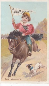 Tarjeta de intercambio John Hancock Life Insurance Co/niño montando caballo sostiene bandera c1890 - Imagen 1 de 2