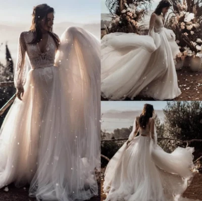 Beach A-Line Wedding Dresses Deep V-neck Long Sleeves Boho Bridal robes de Cheap - Image 1 of 4