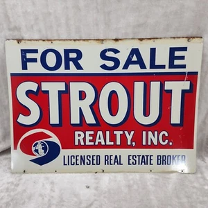 Vintage Large Metal Strout Realty Sign Red White & Blue Double Sided Advertising - Picture 1 of 18