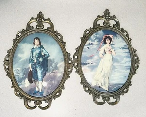 Vintage Boy Blue and Pinkie Ornate Metal Frame Convex Glass Hanging Pictures 17" - Picture 1 of 8