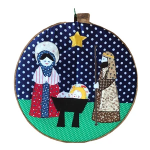 Vtg Christmas Nativity Handmade Appliqué Wall Mary Joseph Baby Jesus Hoop Frame - Picture 1 of 12