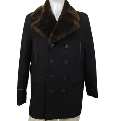Karl Lagerfeld Paris Men’s XL Wool Blend Peacoat Faux Fur Collar Black Quilted - Image 1 of 4