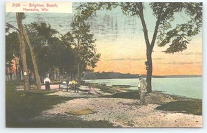 Postcard Brighton Beach Menasha Wisconsin posted 1909 People on Beach - Picture 1 of 2