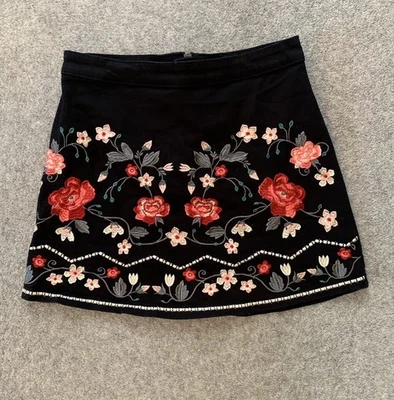 George Embroidered Floral Denim Mini Skirt Black UK 10 - Image 1 of 4