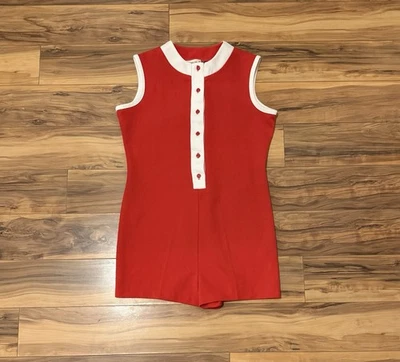 Vintage 60s 70s Romper Playsuit Red White Double Knit Jumpsuit L Button Front - Image 1 of 4
