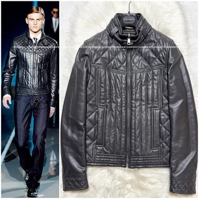 Auténtica chaqueta acolchada iDolce & Gabbana Runway, cuero de piel de cordero gris negro 46 Foto 1 de 4