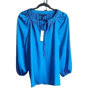 WHBM Long Sleeve Aqua Blue Tie-Neck Satin Blouse Size Medium NWT - Picture 1 of 7