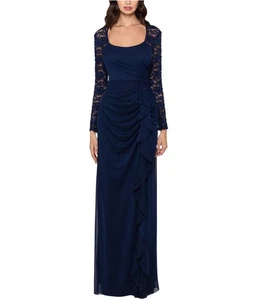 XSCAPE Womens Lace-Sleeve Side-Ruching Gown Dress, navy, 6 - Picture 1 of 1