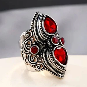 Silver Bohemian Vintage Style Ring With Red Oval Lab Stone Exaggerated Size 9.5 - Picture 1 of 6