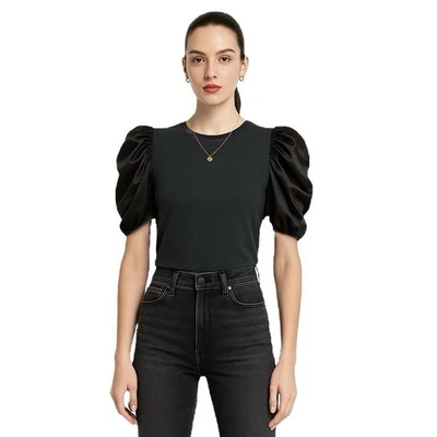 Alice + Olivia Top S Black Ruched Puff Sleeve Whimsigoth Stretch Knit Tee - Image 1 of 4