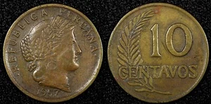 PERU Brass 1957 10 Centavos Thin planchet KM# 224.2 (25 029) - Picture 1 of 3