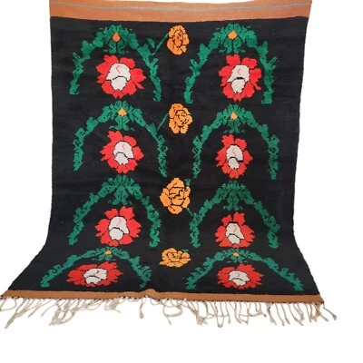 Handmade Moroccan Black Rug Boujad Red Orange Florals Berber Tribal Wool Carpet - Image 1 of 4