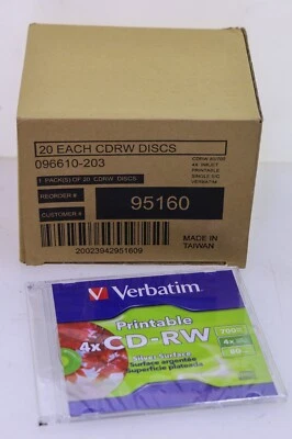 Verbatim 4x CD-RW Discs Printable Silver, Box of 20 with Jewel Cases 700MB/80min - Image 1 of 2