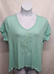 Coral Bay Shirt Womens 1X Teal Short Sleeve Ladies Casual Blouse Top Palm Tree - Picture 1 of 5