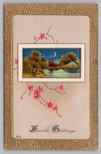 Postcard Fervent Greetings Moonlight Lake Scene Embossed Texture Unposted - Picture 1 of 2