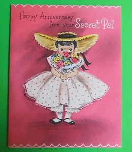 Jubiläum - Mädchen riesiger Hut - Vintage 1950 unbenutzt USA c. Punze $.15 Grußkarte - Bild 1 von 3