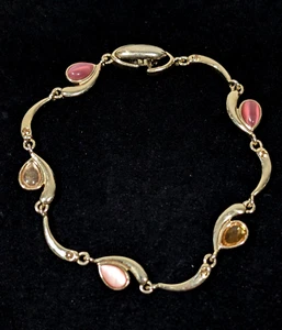 Gold Tone Pink Teardrop Cabochon Curved Bar Beige Rhinestone Tennis Bracelet 7" - Picture 1 of 10