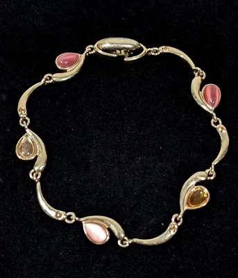 Gold Tone Pink Teardrop Cabochon Curved Bar Beige Rhinestone Tennis Bracelet 7" - Image 1 of 4
