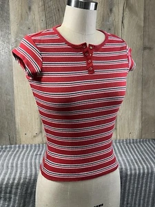 TOMMY HILFIGER Y2K Fitted Henley Women's Medium VTG Striped Red Cotton Blend Top - Picture 1 of 13