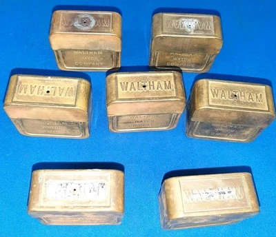 Lot Of 7) Antique Waltham Watch Co Brass Advertising Tin Clock Box Parts Case - Image 1 of 4