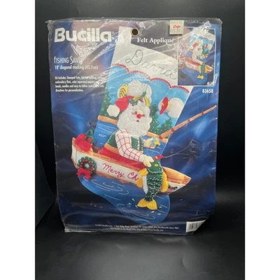 VTG Bucilla KIT Christmas Stocking 83658 FISHING SANTA 18" FELT APPLIQUE NEW NOS - Image 1 of 2
